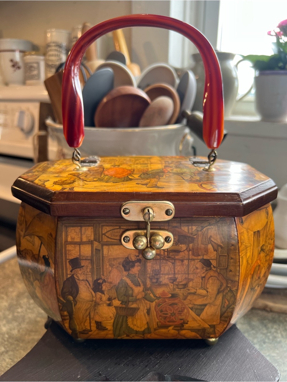 Anton Pieck Vintage
Decoupage Wooden Purse with Lucite Handle Country
Scene